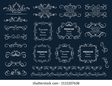 Calligraphic design elements . Decorative swirls or scrolls, vintage frames , flourishes, labels and dividers. Retro vector illustration.