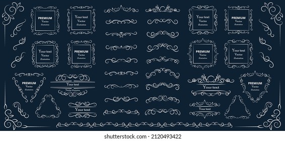 Kalligrafische Gestaltungselemente. Dekorative Schwirbel oder Rollen, Vintage-Rahmen, Blüten, Etiketten und Trennwände. Retro, Vektorgrafik.