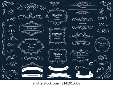 Calligraphic design elements . Decorative swirls or scrolls, vintage frames , flourishes, labels and dividers. Retro vector illustration.