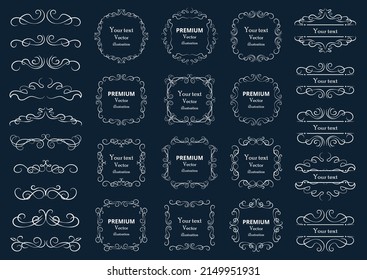 Calligraphic design elements . Decorative swirls or scrolls, vintage frames , flourishes, labels and dividers. Retro vector illustration.