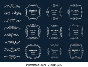 Calligraphic design elements . Decorative swirls or scrolls, vintage frames , flourishes, labels and dividers. Retro vector illustration.
