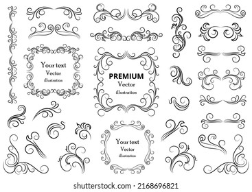 Calligraphic design elements . Decorative swirls or scrolls, vintage frames , flourishes, labels and dividers. Retro vector illustration.