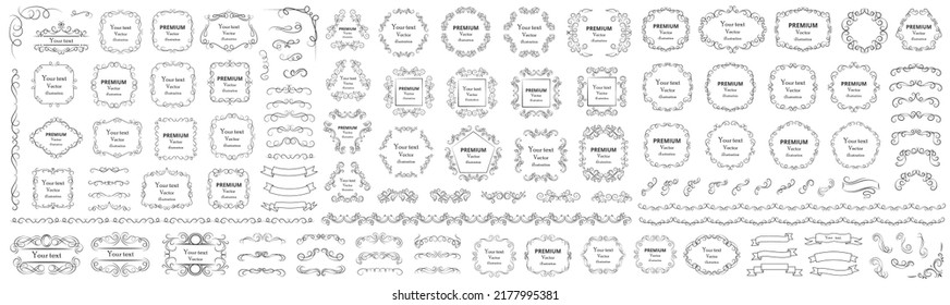 Calligraphic design elements . Decorative swirls or scrolls, vintage frames , flourishes, labels and dividers. Retro vector illustration.