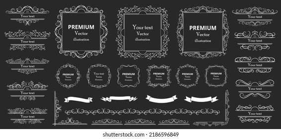 Calligraphic design elements . Decorative swirls or scrolls, vintage frames , flourishes, labels and dividers. Retro vector illustration.