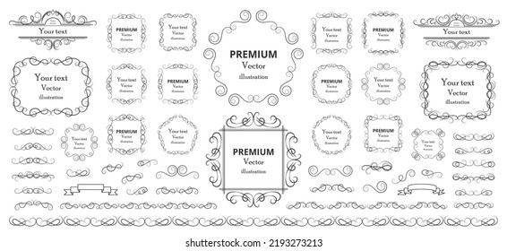 Calligraphic design elements . Decorative swirls or scrolls, vintage frames , flourishes, labels and dividers. Retro vector illustration.