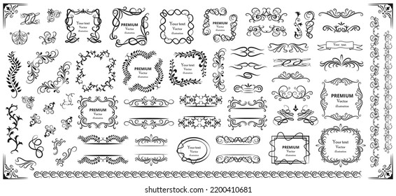 Calligraphic design elements . Decorative swirls or scrolls, vintage frames , flourishes, labels and dividers. Retro vector illustration.