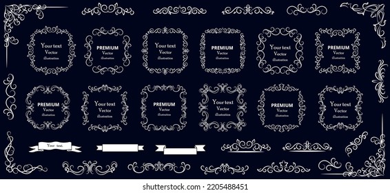 Calligraphic design elements . Decorative swirls or scrolls, vintage frames , flourishes, labels and dividers. Retro vector illustration.