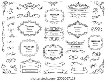 Calligraphic design elements . Decorative swirls or scrolls, vintage frames , flourishes, labels and dividers. Retro vector illustration.