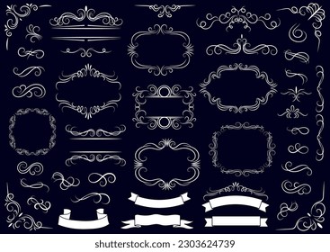Elementos de diseño caligráfico. Remolques decorativos o rollos, marcos vintage , florecimiento, etiquetas y divisores. Ilustración vectorial retro.