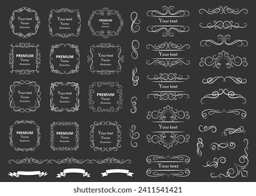 Calligraphic design elements . Decorative swirls or scrolls, vintage frames , flourishes, labels and dividers. Retro vector illustration.