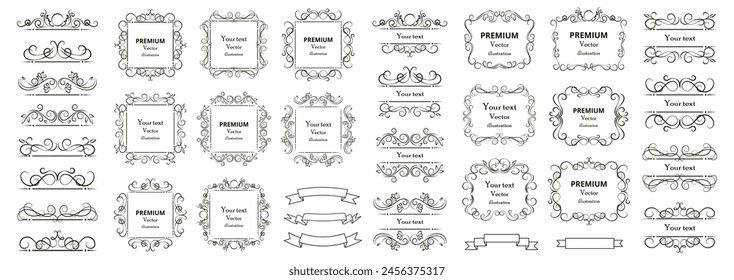 Calligraphic design elements . Decorative swirls or scrolls, vintage frames , flourishes, labels and dividers. Retro vector illustration.