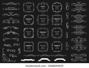 Elementos de diseño caligráficos . Remolinos o pergaminos decorativos, marcos vintage , florituras, etiquetas y divisores. Ilustración vectorial retro.