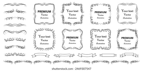 Calligraphic design elements . Decorative swirls or scrolls, vintage frames , flourishes, labels and dividers. Retro vector illustration.
