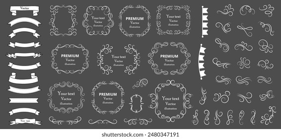 Calligraphic design elements . Decorative swirls or scrolls, vintage frames , flourishes, labels and dividers. Retro vector illustration.
