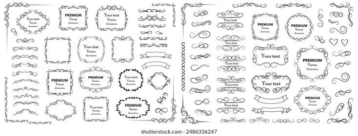 Elementos de diseño caligráficos . Remolinos o pergaminos decorativos, marcos vintage , florituras, etiquetas y divisores. Ilustración vectorial retro.