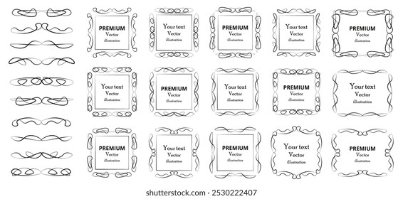Elementos de design caligráfico . Redemoinhos ou rolos decorativos, quadros vintage , floreios, etiquetas e divisores. Ilustração de vetor retrô.
