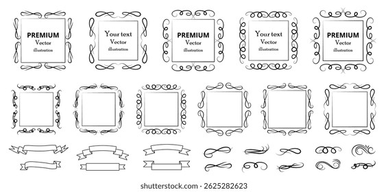Calligraphic design elements . Decorative swirls or scrolls, vintage frames , flourishes, labels and dividers. Retro vector illustration.