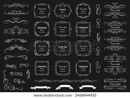 Calligraphic design elements . Decorative swirls or scrolls, vintage frames , flourishes, labels and dividers. Retro vector illustration.