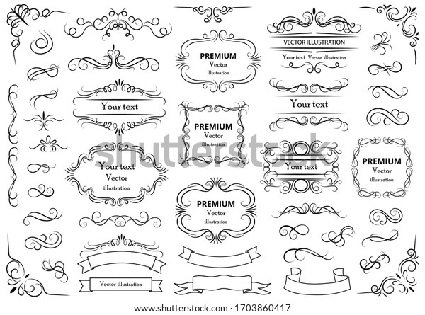 書道のエレメント 装飾的な渦巻きや巻き物 ビンテージフレーム 飾り ラベル 分割物 レトロなベクターイラスト のベクター画像素材 ロイヤリティフリー