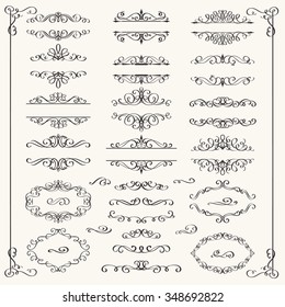 Elementos de design caligráfico. Redemoinhos decorativos, pergaminhos e divisores. Ilustração vetorial vintage.