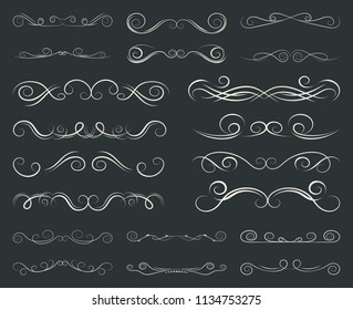 Kalligrafische Gestaltungselemente. Trennlinien und Grenzen. Reihe von Rollen und Rollen für Wanddekoration, Bücher, Karten und Tätowierungen. Schwirft Vektorgrafik.
