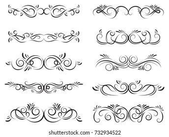 Calligraphic design elements. Dividers and borders. Set of curls and scrolls for wall decoration, books, cards and tattoos. Swirls Vector Illustration.