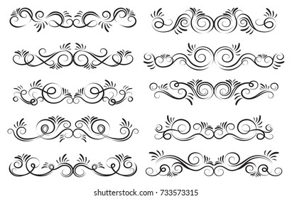 Calligraphic design elements. Dividers and borders. Set of curls and scrolls for wall decoration, books, cards and tattoos. Swirls Vector Illustration.