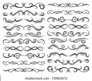 Calligraphic design elements. Dividers and borders. Set of curls and scrolls for wall decoration, books, cards and tattoos. Swirls Vector Illustration.