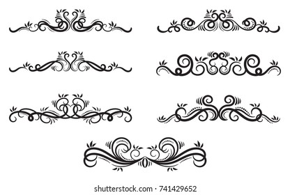 Calligraphic design elements. Dividers and borders.  Set of curls and scrolls for wall decoration, books, cards and tattoos. Swirls Vector Illustration.
