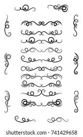 Calligraphic design elements.  Dividers, borders and swirls. Set of curls and scrolls for wall decoration, books, cards and tattoos. Swirls Vector Illustration.