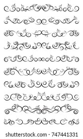 Calligraphic design elements. Dividers and borders. Set of curls and scrolls for wall decoration, books, cards and tattoos. Swirls Vector Illustration.