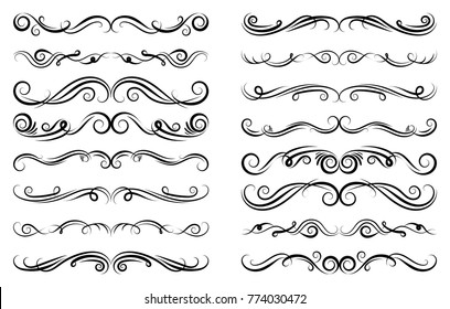 Calligraphic design elements. Dividers, borders and swirls. Set of curls and scrolls for wall decoration, books, cards and tattoos. Swirls Vector Illustration.