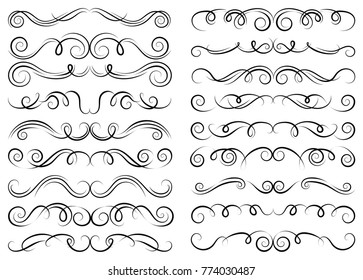 Calligraphic design elements. Dividers, borders and swirls. Set of curls and scrolls for wall decoration, books, cards and tattoos. Swirls Vector Illustration.