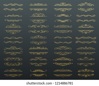 Calligraphic design elements . Golden swirls or scrolls, vintage frames , flourishes and dividers. Retro vector illustration