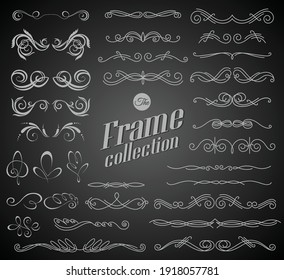 Calligraphic design elements on chalkboard background. Elegant collection of hand drawn swirls for your design. Page decorations. Swirl, scroll and flourishes dividers. Set of text delimiters