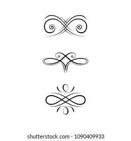 Calligraphic Design Elements, Page Decoration set. Swirls, Filigree ornamental design. Book decorations, Wedding invitations, Greeting cards. Vector illustration.