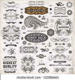 Calligraphic design elements, page decoration, retro labels and frames set for vintage design | Old paper grunge texture