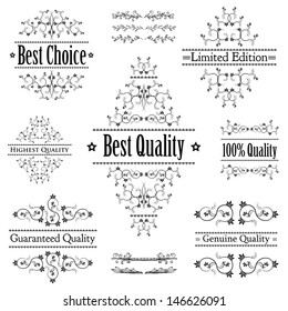 Calligraphic design elements and page decoration, Premium Quality and Guarantee Label collection on white. Isolated editable vector elements. EPS8.