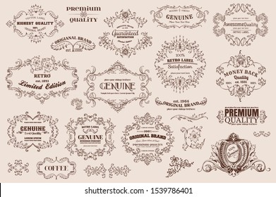 Calligraphic design elements  page decoration  Premium Quality and Satisfaction Guarantee Label  antique and baroque frames %7C Old paper texture with dirty footprints of a cup of coffee