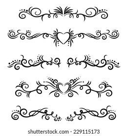 Calligraphic design elements and page decoration. Swirl and Heart shape pagination. Vector illustration.