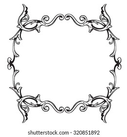 Calligraphic design elements: page decoration, Premium Quality and Satisfaction Guarantee Label, antique and baroque frames. Black and wight graphic style.