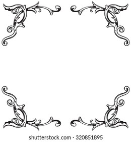 Calligraphic design elements: page decoration, Premium Quality and Satisfaction Guarantee Label, antique and baroque frames. Black and wight graphic style.