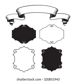 Calligraphic design elements: page decoration, Premium Quality and Satisfaction Guarantee Label, antique and baroque frames. Black and wight graphic style.