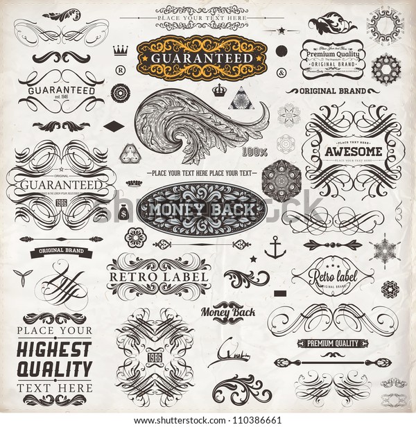 Calligraphic
design elements, page decoration, retro labels and frames set for
vintage design | Old paper grunge
texture