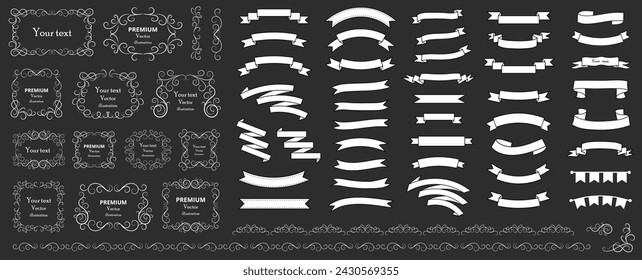 Calligraphic design elements . Ribbon elements. Decorative swirls or scrolls, vintage frames , flourishes, labels and dividers. Retro vector illustration.