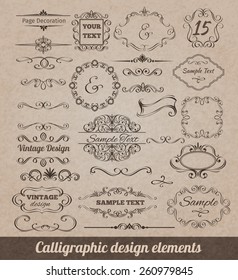 Calligraphic design elements set with card decoration scrolls and vignettes isolated vector illustration