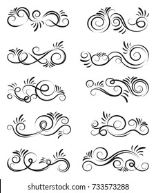 Calligraphic design elements. Set of curls and scrolls for wall decoration, books, cards and tattoos. Swirls Vector Illustration.