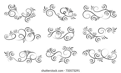 Calligraphic design elements. Set of curls and scrolls for wall decoration, books, cards and tattoos. Swirls Vector Illustration.