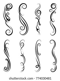 Calligraphic design elements. Set of curls and scrolls for wall decoration, books, cards and tattoos. Swirls Vector Illustration. 