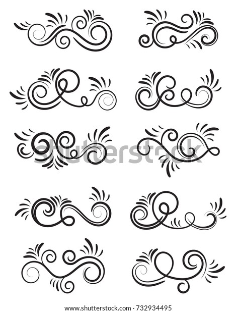 Calligraphic design elements. Set of curls\
and scrolls for wall decoration, books, cards and tattoos. Swirls\
Vector\
Illustration.